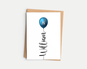 18th Birthday Card, For Boy, For Men, Personalised, Boy, Man, Men, Her, Choice of 16 Balloon Colours, Any Name, Any Age, Balloon
