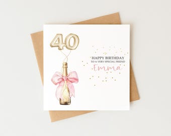 Personalised 40th Birthday Card, For Her, Special Milestone Greeting Card, Mum, Daughter, Granddaughter, Niece, Friend, Champagne, Prosecco