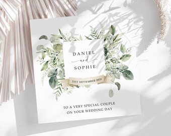 Wedding Card for a Special Couple, Personalised Congratulations for Friends and Family, Square Eucalyptus Frame Design With Banner