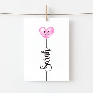 50th Birthday Card, Personalised For Her, Milestone Greeting Card, Mum, Daughter, Sister, Aunty, Niece, Friend, Name and Age, Heart Balloon image 3