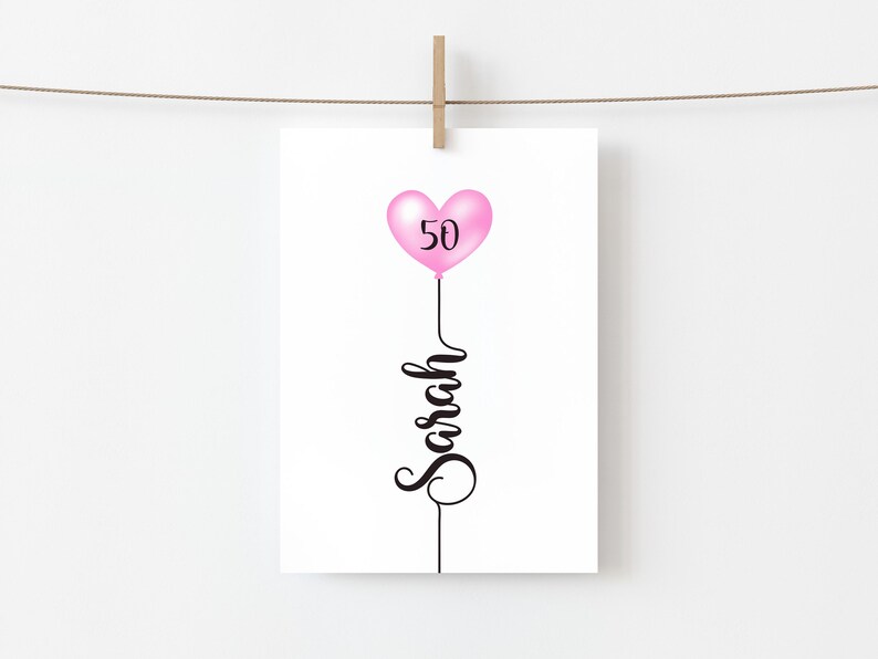 50th Birthday Card, Personalised For Her, Milestone Greeting Card, Mum, Daughter, Sister, Aunty, Niece, Friend, Name and Age, Heart Balloon image 3