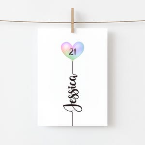 Personalised 21st Birthday Card For Women, 21st Birthday Card, Woman, Women, Her, 16 Heart Shaped Balloon Colours, Any Name, Any Age image 3
