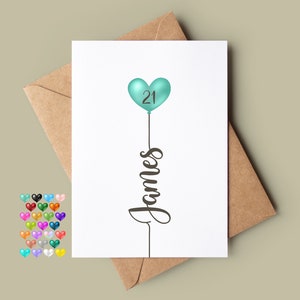 21st Birthday Card, Can be Personalised with Any Name and Age, Wide Range of Heart Shaped Balloon Colours Available, Milestone, Adult