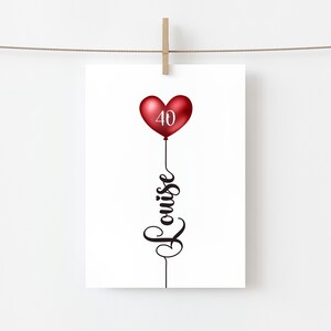 40th Birthday Card, Personalised For Her, Milestone Greeting Card, Mum, Daughter, Granddaughter, Niece, Friend, Name and Age, Heart Balloon image 3