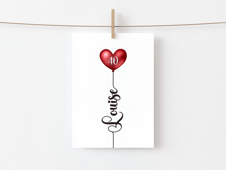 40th Birthday Card, Personalised For Her, Milestone Greeting Card, Mum, Daughter, Granddaughter, Niece, Friend, Name and Age, Heart Balloon image 3