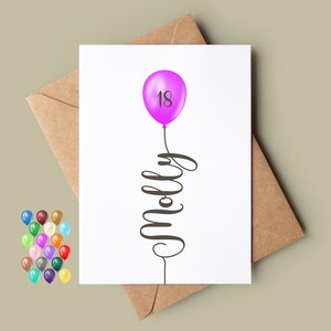 18th Birthday Card Girl, Can be Personalised with Any Name and Age, Wide Range of Balloon Colours Available, Milestone, Adult Celebration
