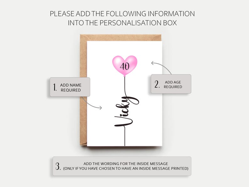 40th Birthday Card, Personalised For Her, Milestone Greeting Card, Mum, Daughter, Granddaughter, Niece, Friend, Name and Age, Heart Balloon image 4