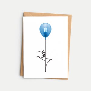 18th Birthday Card, Personalised, For Him, Milestone Greeting, Son, Grandson, Nephew, Friend, Name and Age, Signature Style Font and Balloon