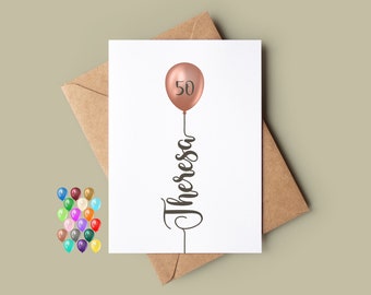50th Birthday Card, For Women, For Men, Can be Personalised with Any Name and Age, Wide Range of Balloon Colours , Milestone, Adult