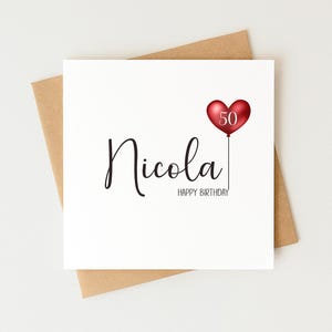 50th Birthday Card, Personalised For Her, Milestone Greeting Card, Mum, Daughter, Sister, Aunty, Niece, Friend, Name and Age, Heart Balloon