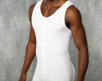 Men's Natural Snap Fastener Wide Collar Normal Leg Body\ Unions Suit, Onesie\ Singlet\ Body-wear For Men\  Male Sleep-2 Pieces