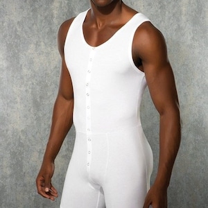 May include: White sleeveless bodysuit with a button-up front closure. The bodysuit has a scoop neck and a fitted silhouette.