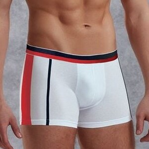 May include: White boxer briefs with red and navy blue stripes. The waistband is black with a red stripe.