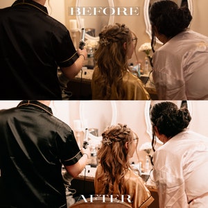 Pode incluir: Uma foto de antes e depois mostrando uma pessoa a pentear o cabelo de uma mulher. A mulher est&aacute; usando um roup&atilde;o dourado e tem cabelo comprido e ondulado. O estilista est&aacute; usando um modelador de cachos para pentear o cabelo dela. A foto mostra o cabelo da mulher antes e depois do penteado.