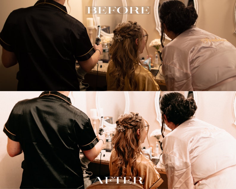 Pode incluir: Uma foto de antes e depois mostrando uma pessoa a pentear o cabelo de uma mulher. A mulher est&aacute; usando um roup&atilde;o dourado e tem cabelo comprido e ondulado. O estilista est&aacute; usando um modelador de cachos para pentear o cabelo dela. A foto mostra o cabelo da mulher antes e depois do penteado.