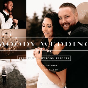 Pode incluir: Um produto digital para fot&oacute;grafos que oferece presets Lightroom para uma est&eacute;tica de casamento quente e melanc&oacute;lica. O texto "Warm Moody Wedding Preset" est&aacute; em um c&iacute;rculo com fundo marrom. O texto "Moody Wedding" est&aacute; em um ret&acirc;ngulo branco com contorno preto. O texto "Premium Lightroom Presets" est&aacute; em um ret&acirc;ngulo branco com contorno preto. O texto "Top Lightroom Camera Raw" est&aacute; em um ret&acirc;ngulo branco com contorno preto. O texto "Ever Pine Co." est&aacute; em um ret&acirc;ngulo branco com contorno preto.