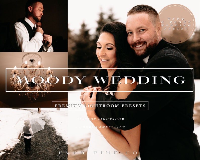 Pode incluir: Um produto digital para fot&oacute;grafos que oferece presets Lightroom para uma est&eacute;tica de casamento quente e melanc&oacute;lica. O texto "Warm Moody Wedding Preset" est&aacute; em um c&iacute;rculo com fundo marrom. O texto "Moody Wedding" est&aacute; em um ret&acirc;ngulo branco com contorno preto. O texto "Premium Lightroom Presets" est&aacute; em um ret&acirc;ngulo branco com contorno preto. O texto "Top Lightroom Camera Raw" est&aacute; em um ret&acirc;ngulo branco com contorno preto. O texto "Ever Pine Co." est&aacute; em um ret&acirc;ngulo branco com contorno preto.