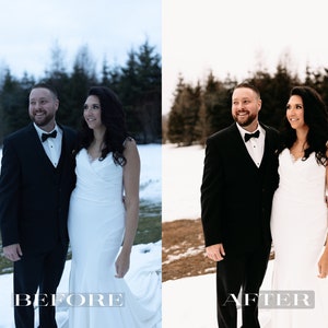 Pode incluir: Uma noiva e um noivo posam para um retrato de casamento em um cen&aacute;rio ao ar livre com neve. O noivo est&aacute; vestindo um smoking preto com gravata borboleta preta. A noiva est&aacute; vestindo um vestido de noiva branco com um corpete de renda. O casal est&aacute; sorrindo e olhando um para o outro.