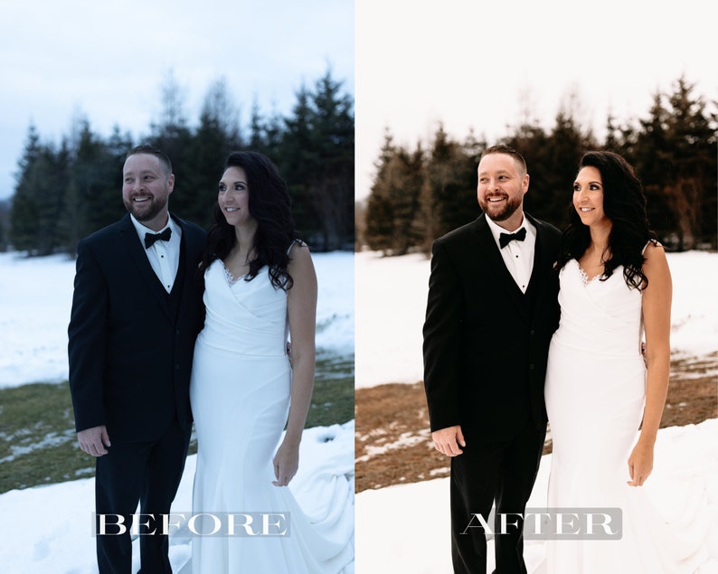 Pode incluir: Uma noiva e um noivo posam para um retrato de casamento em um cen&aacute;rio ao ar livre com neve. O noivo est&aacute; vestindo um smoking preto com gravata borboleta preta. A noiva est&aacute; vestindo um vestido de noiva branco com um corpete de renda. O casal est&aacute; sorrindo e olhando um para o outro.