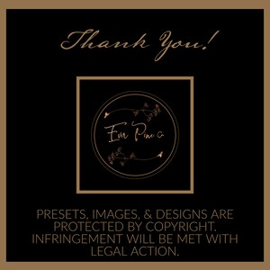 Pode incluir: Um logotipo preto e dourado com o texto "Ever Pine Co." rodeado por um design floral. O texto "Thank You!" aparece acima do logotipo e o texto "PRESETS, IMAGES, & DESIGNS ARE PROTECTED BY COPYRIGHT. INFRINGEMENT WILL BE MET WITH LEGAL ACTION." aparece abaixo do logotipo.