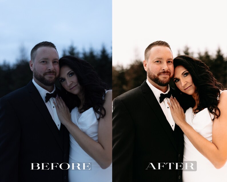 Pode incluir: Um casal posa para um retrato de casamento. O noivo est&aacute; usando um smoking preto com gravata borboleta preta. A noiva est&aacute; usando um vestido de noiva branco. Eles est&atilde;o em p&eacute; em frente a um fundo nevado.