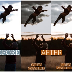 Peut inclure: Un p&egrave;re lance son enfant en l'air devant un ciel de coucher de soleil. L'image est divis&eacute;e en trois sections, montrant l'image avant et apr&egrave;s l'&eacute;dition. La section du milieu est intitul&eacute;e "Gris lav&eacute;" et la section de droite est intitul&eacute;e "Gris lav&eacute; 2".