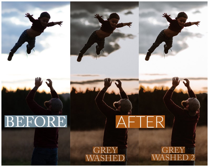 Peut inclure: Un p&egrave;re lance son enfant en l'air devant un ciel de coucher de soleil. L'image est divis&eacute;e en trois sections, montrant l'image avant et apr&egrave;s l'&eacute;dition. La section du milieu est intitul&eacute;e "Gris lav&eacute;" et la section de droite est intitul&eacute;e "Gris lav&eacute; 2".