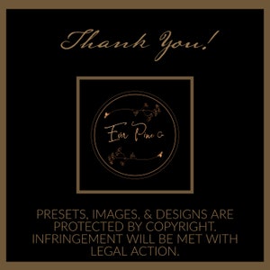 Peut inclure: Un logo noir et or avec le texte "Ever Pine Co." entour&eacute; d'un motif floral. Le texte "Merci !" est au-dessus du logo et le texte "PRESETS, IMAGES, & DESIGNS ARE PROTECTED BY COPYRIGHT. INFRINGEMENT WILL BE MET WITH LEGAL ACTION." est en dessous du logo.