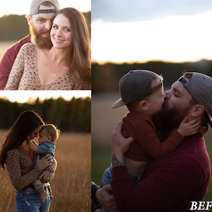 Peut inclure: Une famille de trois personnes pose pour une photo dans un champ. Les parents tiennent leur jeune enfant. L'enfant porte une chemise marron et bleue et un jean. Les parents portent des v&ecirc;tements d&eacute;contract&eacute;s. La photo est prise dans un champ avec de l'herbe haute et des arbres en arri&egrave;re-plan. Le ciel est bleu clair. La photo est prise pendant la golden hour.