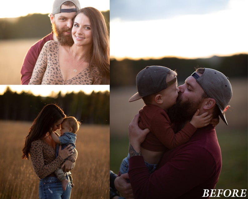 Peut inclure: Une famille de trois personnes pose pour une photo dans un champ. Les parents tiennent leur jeune enfant. L'enfant porte une chemise marron et bleue et un jean. Les parents portent des v&ecirc;tements d&eacute;contract&eacute;s. La photo est prise dans un champ avec de l'herbe haute et des arbres en arri&egrave;re-plan. Le ciel est bleu clair. La photo est prise pendant la golden hour.