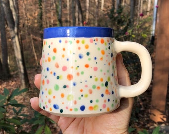 Ceramic Confetti Mug with Bright Blue Rim