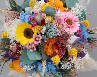 Colorful meadow flower bridal bouquet made of dried flowers/ sunflower / gerbera / garden flowers