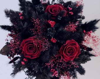 Bridal bouquet of dried flowers in black and wine red with stabilized roses/ Gothic