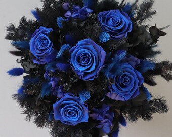 Bridal bouquet of dried flowers in black and blue with stabilized roses/ Gothic