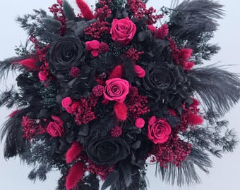 Bridal bouquet of dried flowers in black and burgundy with preserved roses/ Gothic