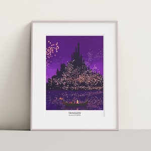 Tangled Rapunzel travel print. Disney poster, travel art Rapunzel castle. Island of Corona Tangled movie poster.