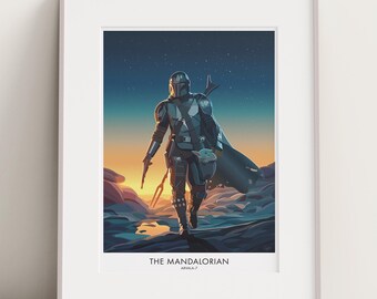 Póster de viaje mandaloriano: Arte de Mandalore y Grogu