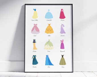 Disney princess dresses print, simple dress design. Disney film posters, classic princesses dress print.