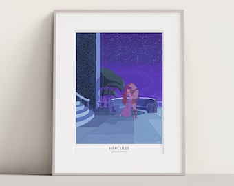May include: A digital illustration of a romantic scene from the Disney movie Hercules. The image shows Hercules and Megara standing on a balcony overlooking a starry night sky. The balcony is decorated with plants and flowers. The text "HERCULES ANCIENT GREECE" is printed at the bottom of the image.