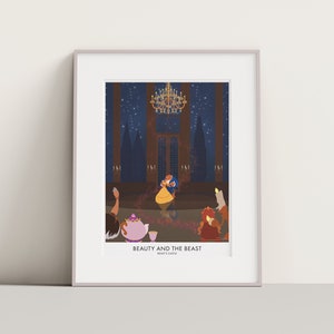 Beauty and the Beast travel print. Disney poster, travel art Belle princess poster. Beast's castle ballroom scene.