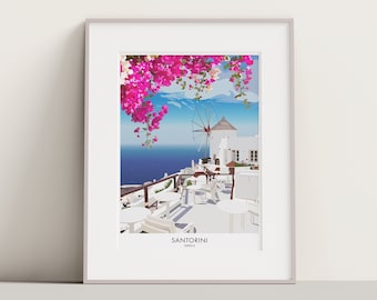 Santorini, Greece print. Greece travel art poster. Floral art design print.