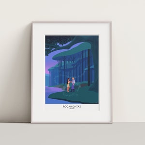 Pocahontas Disney Druck. Pocahontas und John Smith Plakat. Disney Kunst, Filmplakat. Disney Prinzessin.