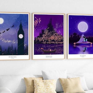 Set of any 3 Disney prints. Set of 3 Disney travel posters. Disney film/movie locations. Set of 3 Disney princesses.