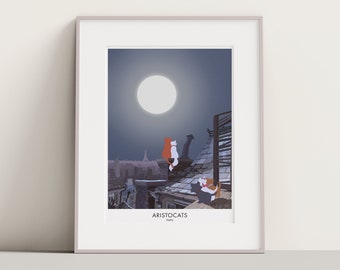 Pode incluir: Uma impressão emoldurada de uma ilustração de desenho animado de gatos do filme Os Aristogatos. Os gatos estão sentados em um telhado em Paris, França, com a Torre Eiffel ao fundo. A lua é visível no céu noturno. A impressão tem o título "Aristocats Paris" na parte inferior.