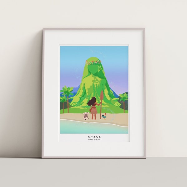 Moana travel print. Disney poster, travel print Island of Te Fiti. Moana of Motunui. Maui and Moana.