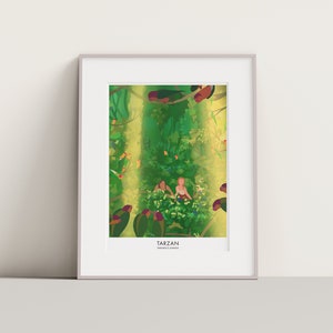 Tarzan travel print. Disney poster, travel art Tarzan&#39;s Jungle. Tarzan and Jane movie poster.