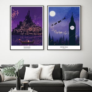 Set of any 2 Disney print. Set of 2 Disney travel posters. Disney film locations, Set of 2 Disney princesses.