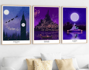 Set of any 3 Disney prints. Set of 3 Disney travel posters. Disney film/movie locations. Set of 3 Disney princesses.