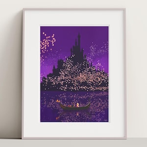 Tangled Rapunzel travel print no text. Disney-inspired poster, travel art Rapunzel castle. Island of Corona Tangled movie poster.
