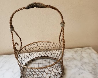 Handcrafted Vintage Decorative Metal Basket with wrapped wicker accents. Open weave. Free shipping TripleJsOddities